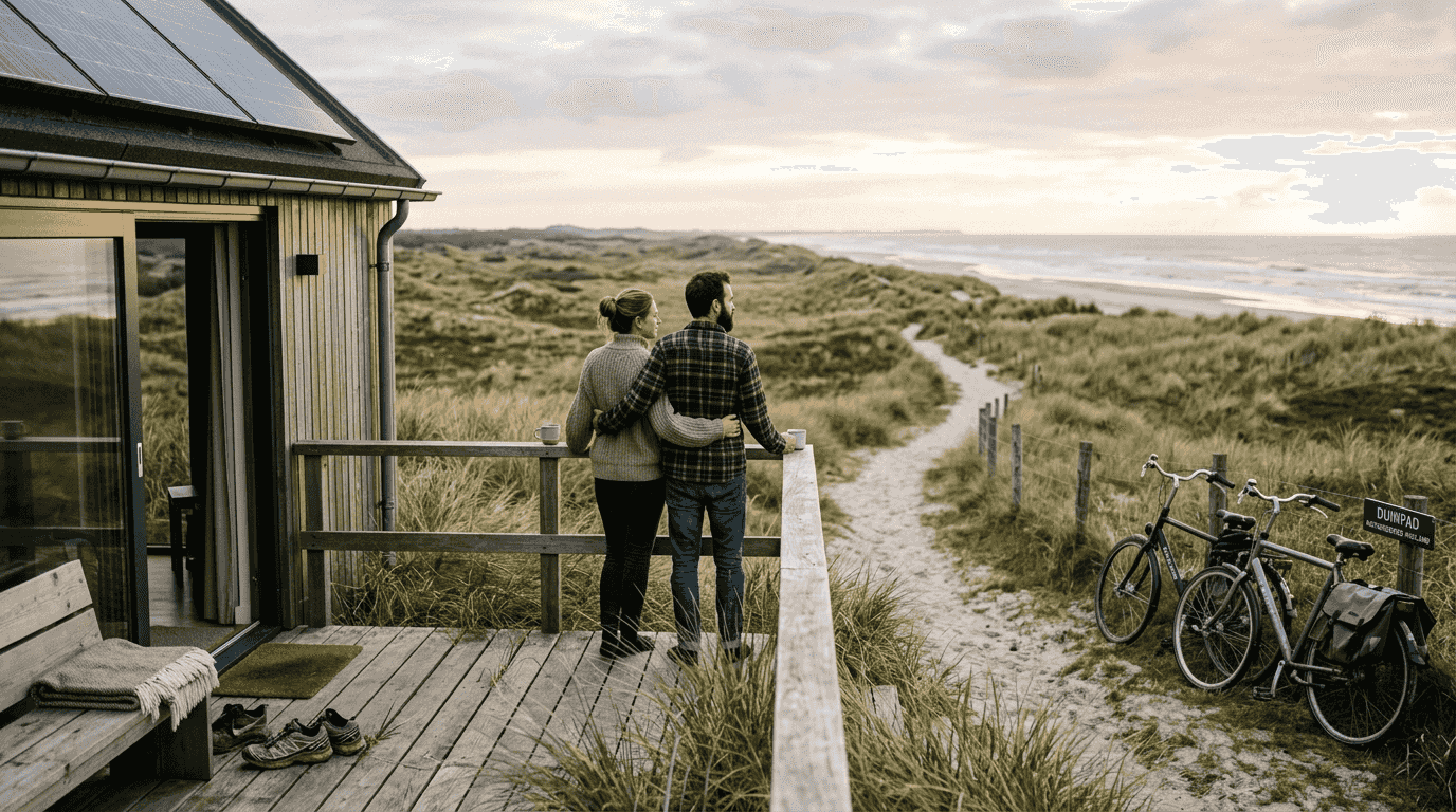 Stelletje geniet samen op het terras van hun duurzame vakantiehuisje op Ameland, met uitzicht op de duinen.