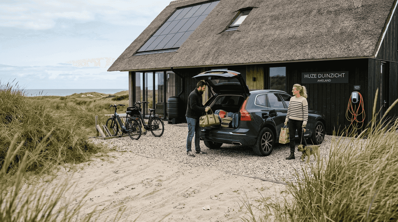 Een stel komt aan bij hun duurzame vakantiewoning op Ameland en pakt samen de auto uit.