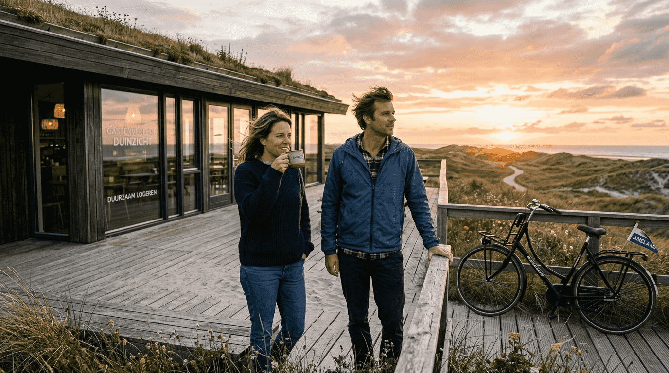 Stel geniet samen van de avondschemering op het terras van een eco-lodge op Ameland.