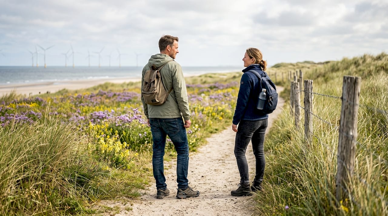 Een stel wandelt samen over het duurzame duinpad op Ameland.