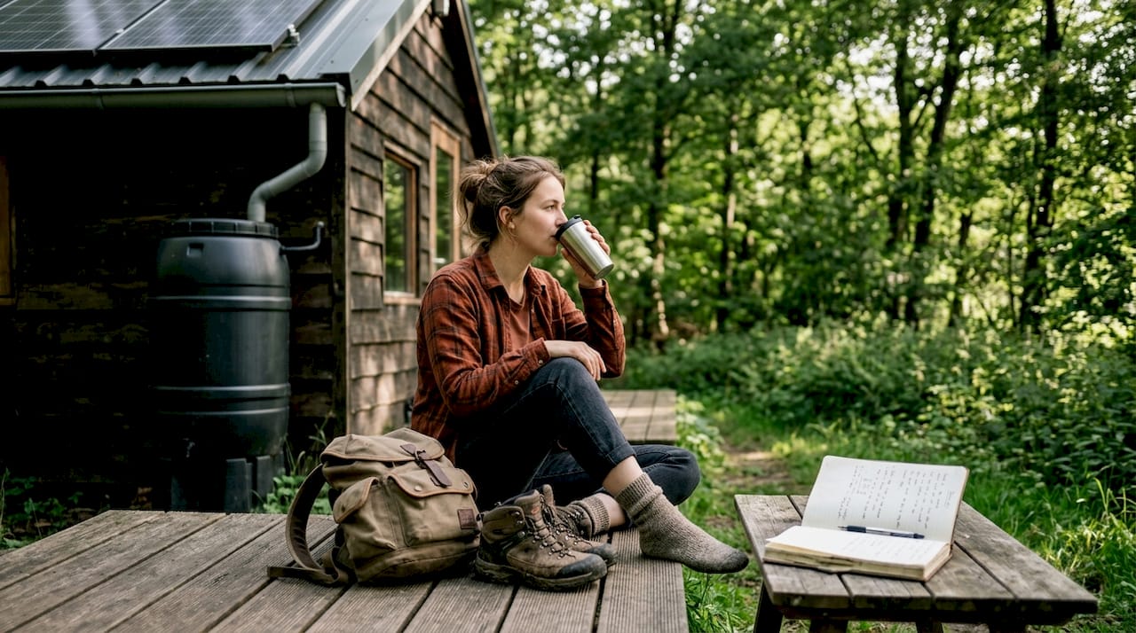 Een vrouw ontspant zich op de veranda van haar off-grid huisje, omringd door rust en natuur.
