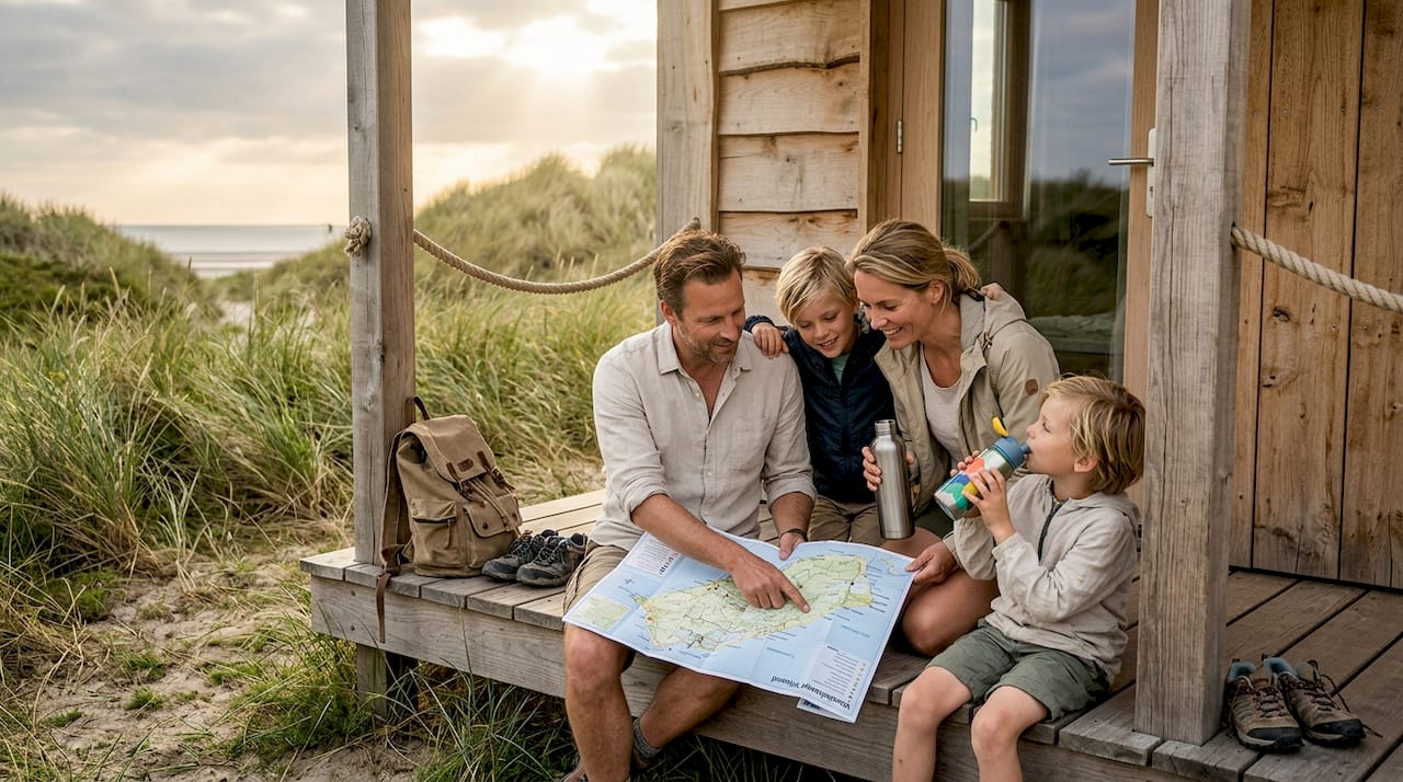 Een gezin geniet samen op het terras van een duurzame ecolodge.