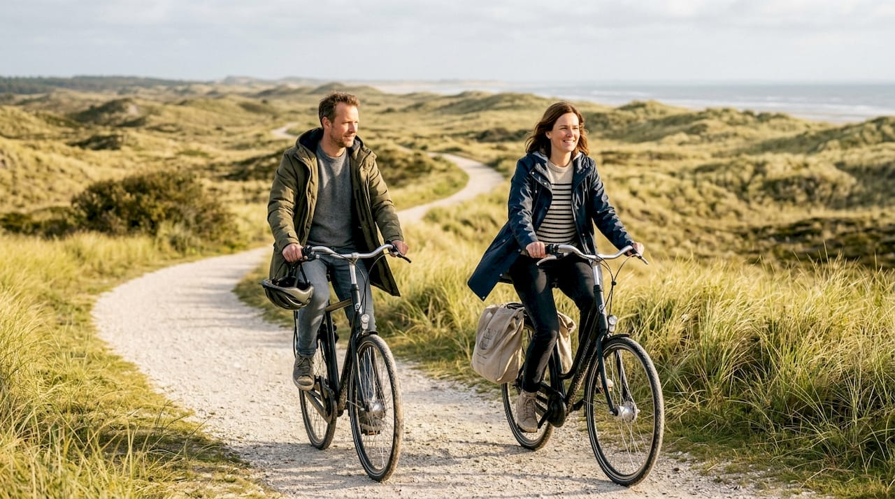 Vroege fietsers op het duinpad van Ameland, badend in het zachte ochtendlicht