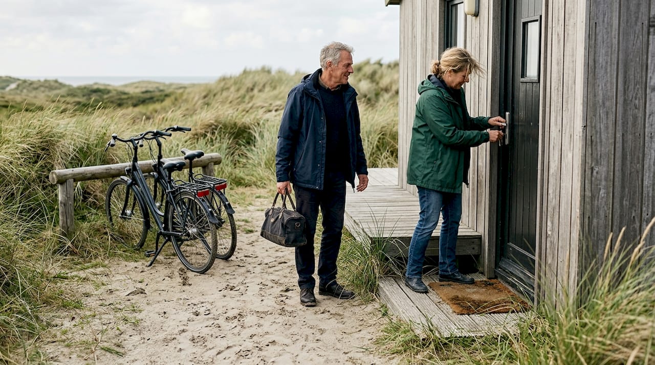 Een stel komt aan bij hun duurzame cottage op Ameland.