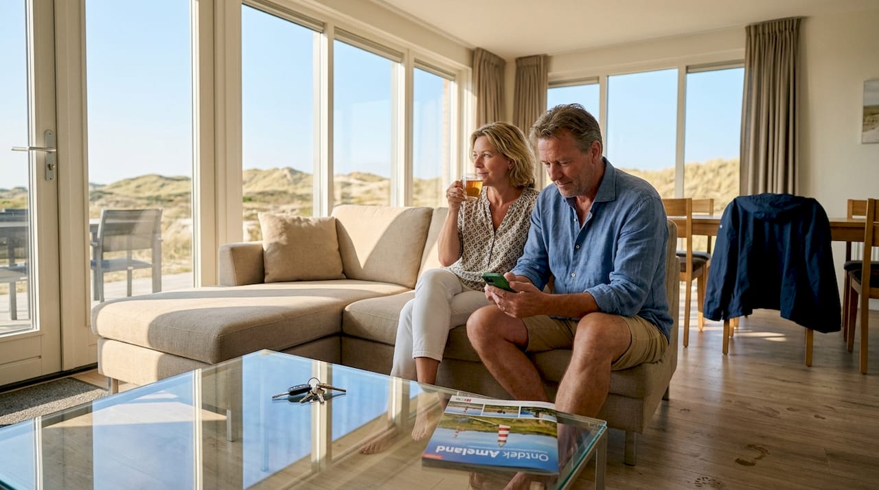 Stelletje geniet van een ontspannen verblijf in een duurzaam vakantiehuis op Ameland, uitgerust met zonnepanelen.