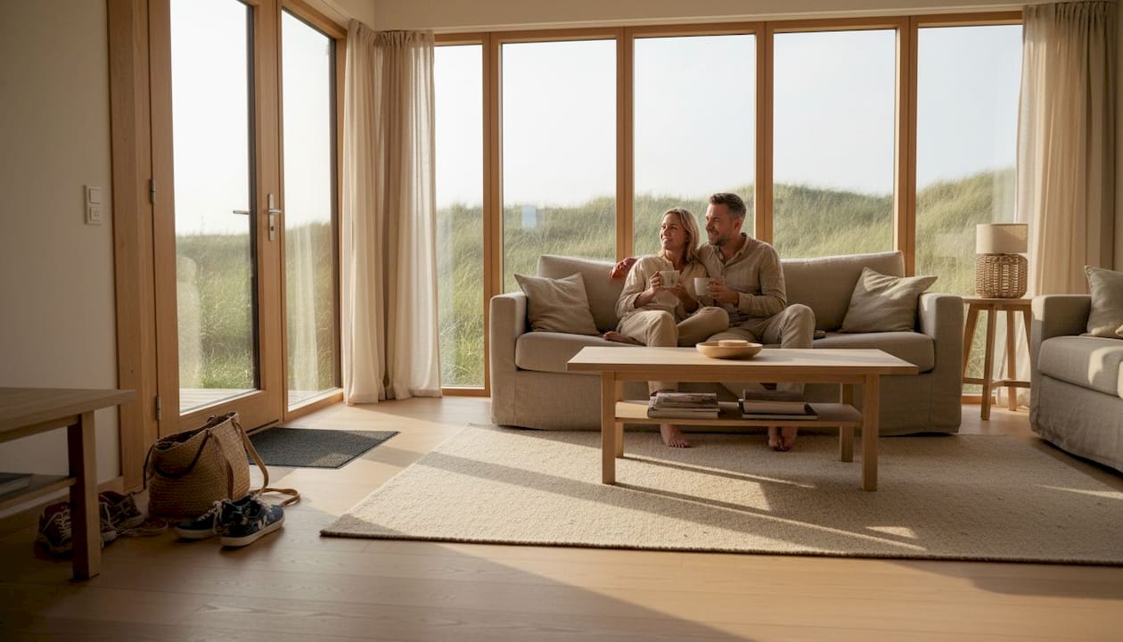 Kom tot rust op de bank in een duurzaam vakantiehuis op Ameland