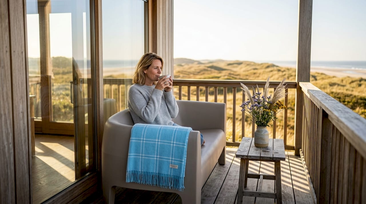 Een vrouw geniet van het zonnetje op het terras van haar duurzame loft op Ameland.