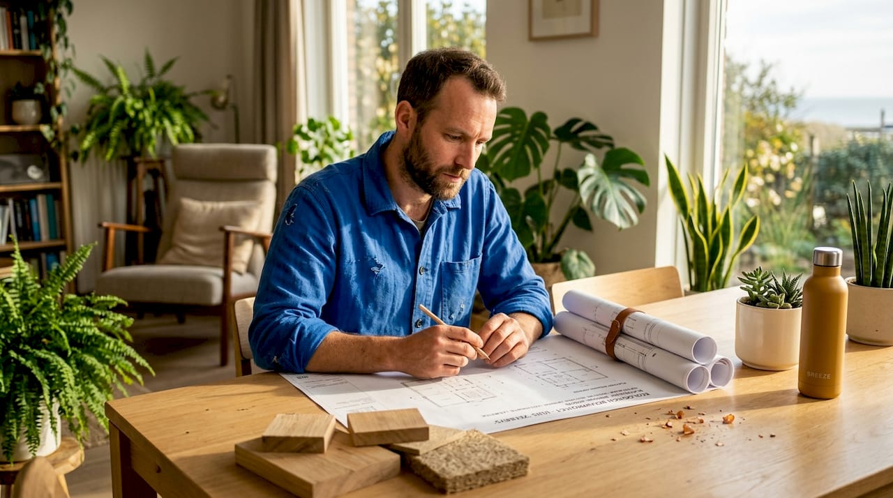 Aan de keukentafel buigt een man zich over plannen voor een duurzaam bouwproject.