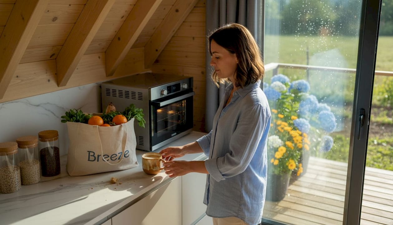 In de sfeervolle keuken van een eco-lodge staat een vrouw het ontbijt klaar te maken, omringd door duurzame materialen en een groene inrichting.