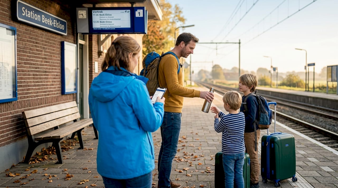 Een gezin reist op een duurzame manier en staat klaar om met de trein op pad te gaan.