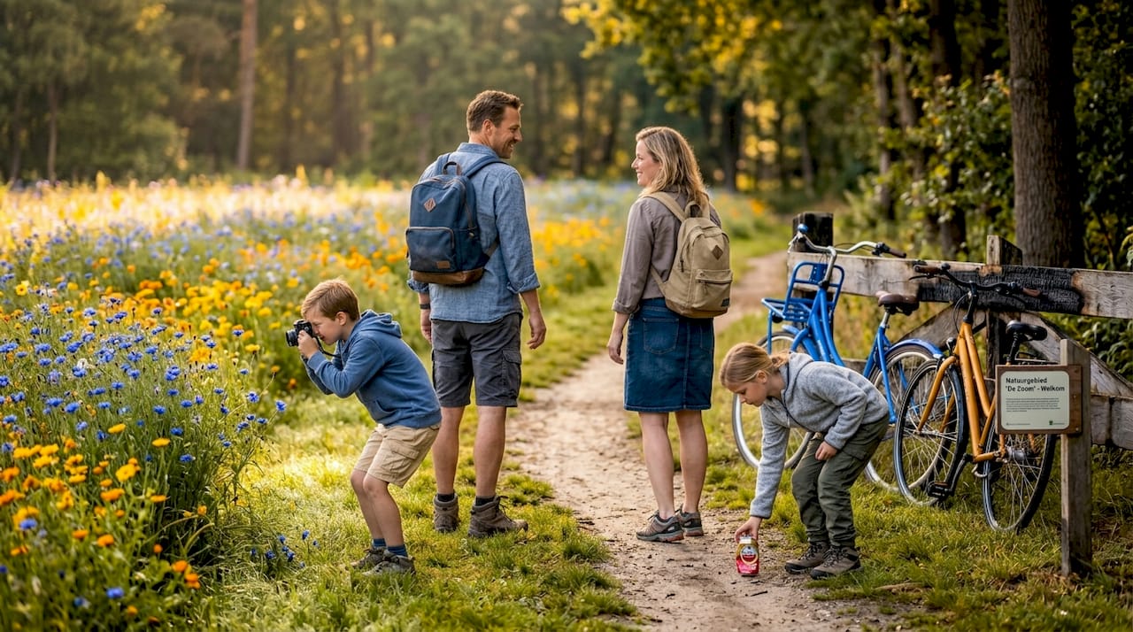 Een gezin geniet van een milieubewuste wandeling door de Nederlandse natuur.