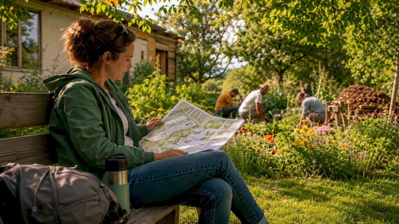 Een vrouw bestudeert de plattegrond van een duurzame wijk in het park.