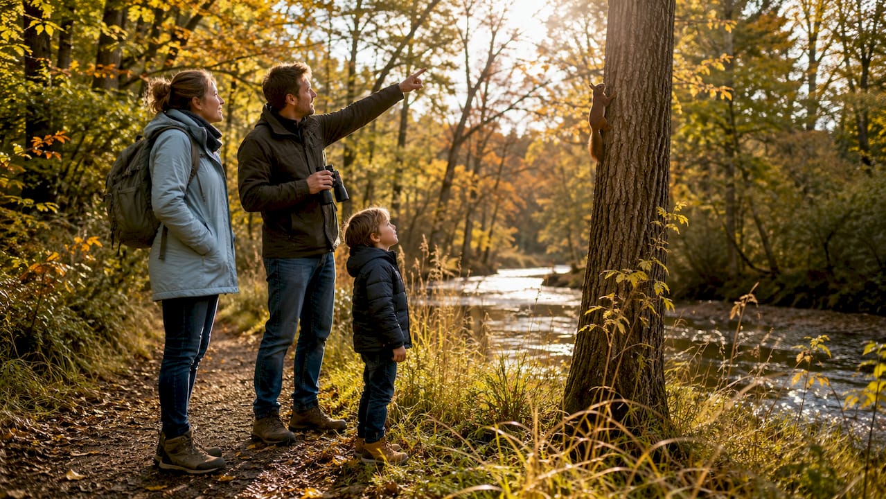 Een gezin maakt een ontspannen wandeling door het bos.