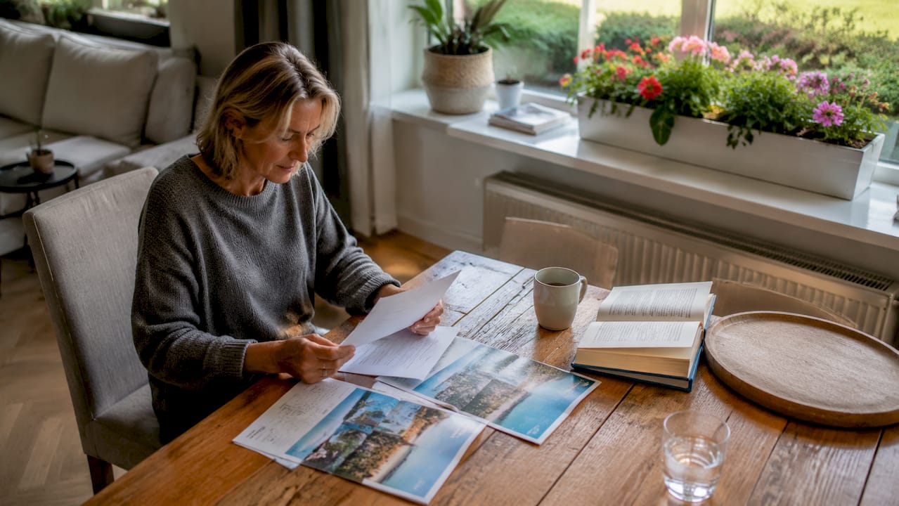Vrouw zoekt thuis uit waar ze het voordeligst op vakantie kan gaan