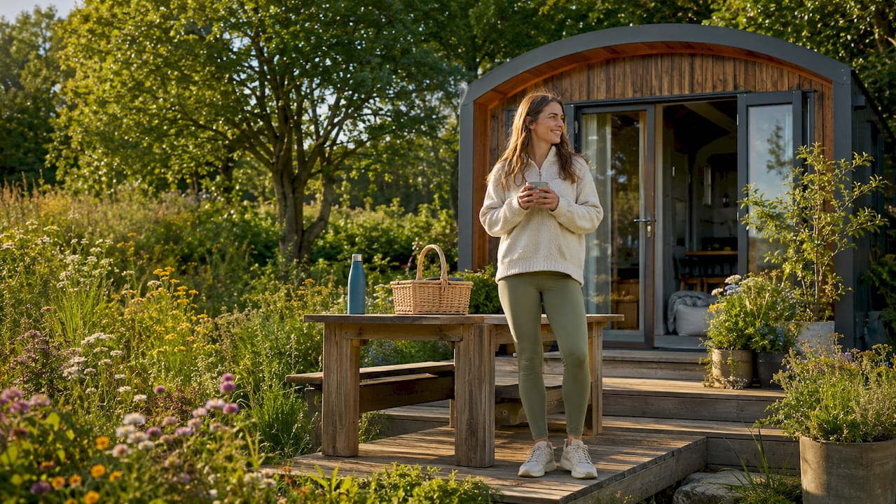 Vrouw geniet op de veranda van haar duurzame tiny house