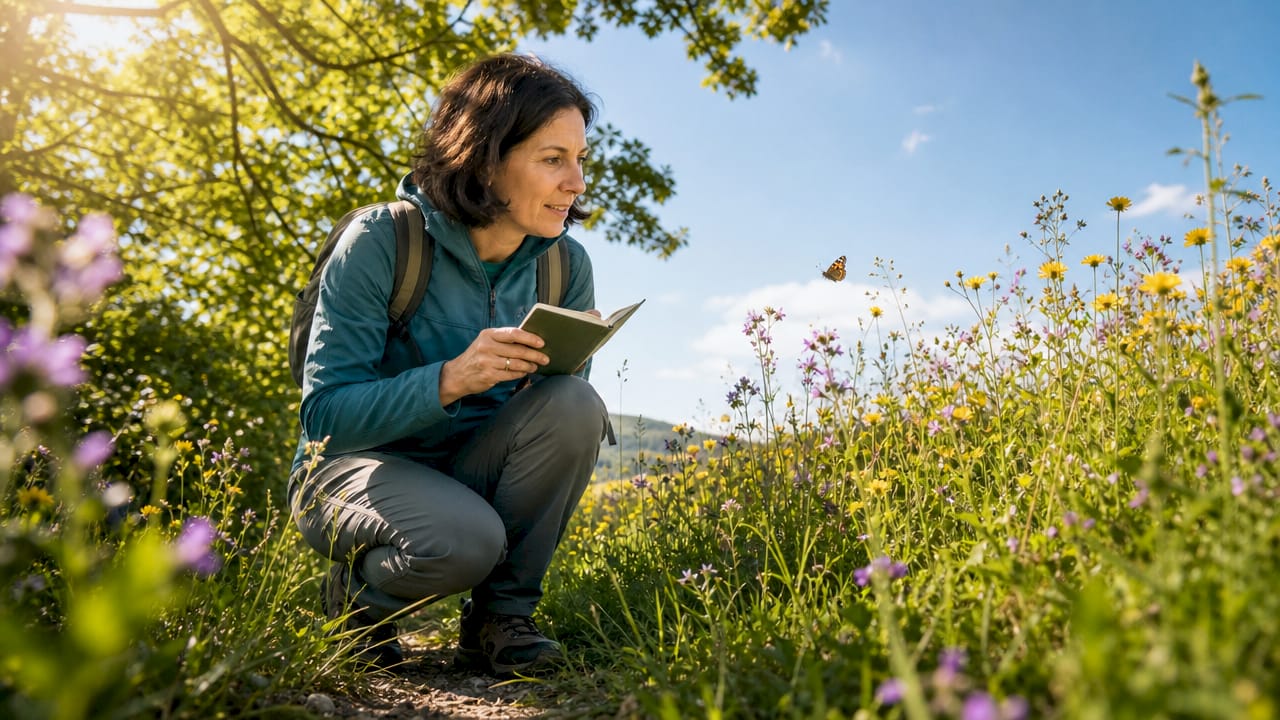 Een vrouw geniet van een ontspannen wandeling door het groene bos in een nabijgelegen natuurgebied.