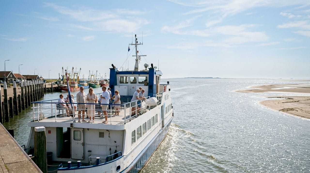 De veerboot vertrekt vanuit de haven van Holwerd richting Ameland.