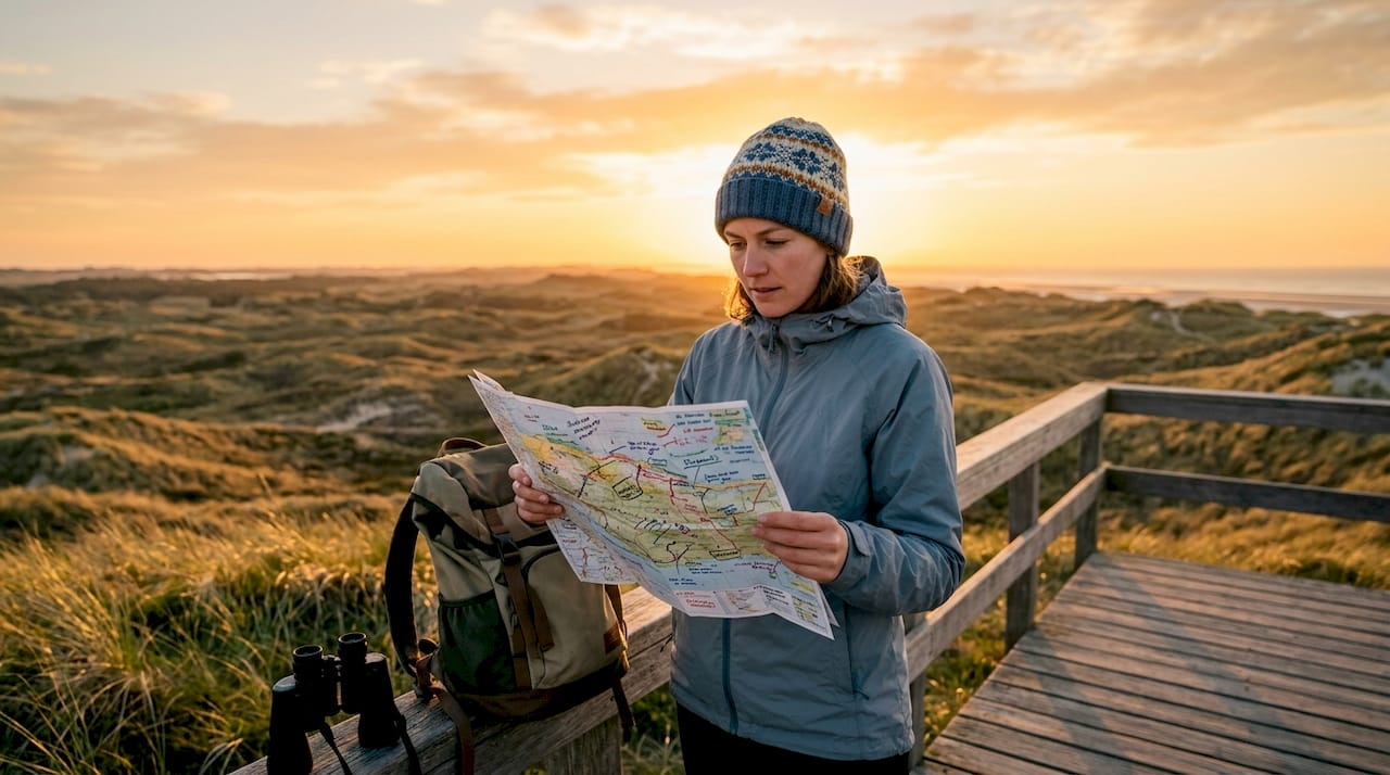 Op de uitgestrekte duinen van Ameland staat een vrouw haar verrassingsplan tot in de puntjes uit te werken.
