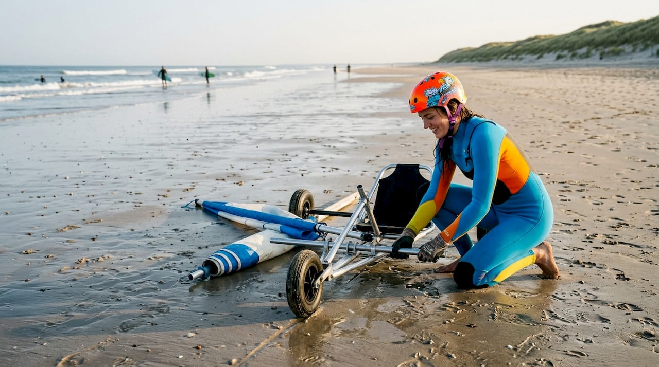 Vrouw scheurt met een blokart over het strand van Ameland