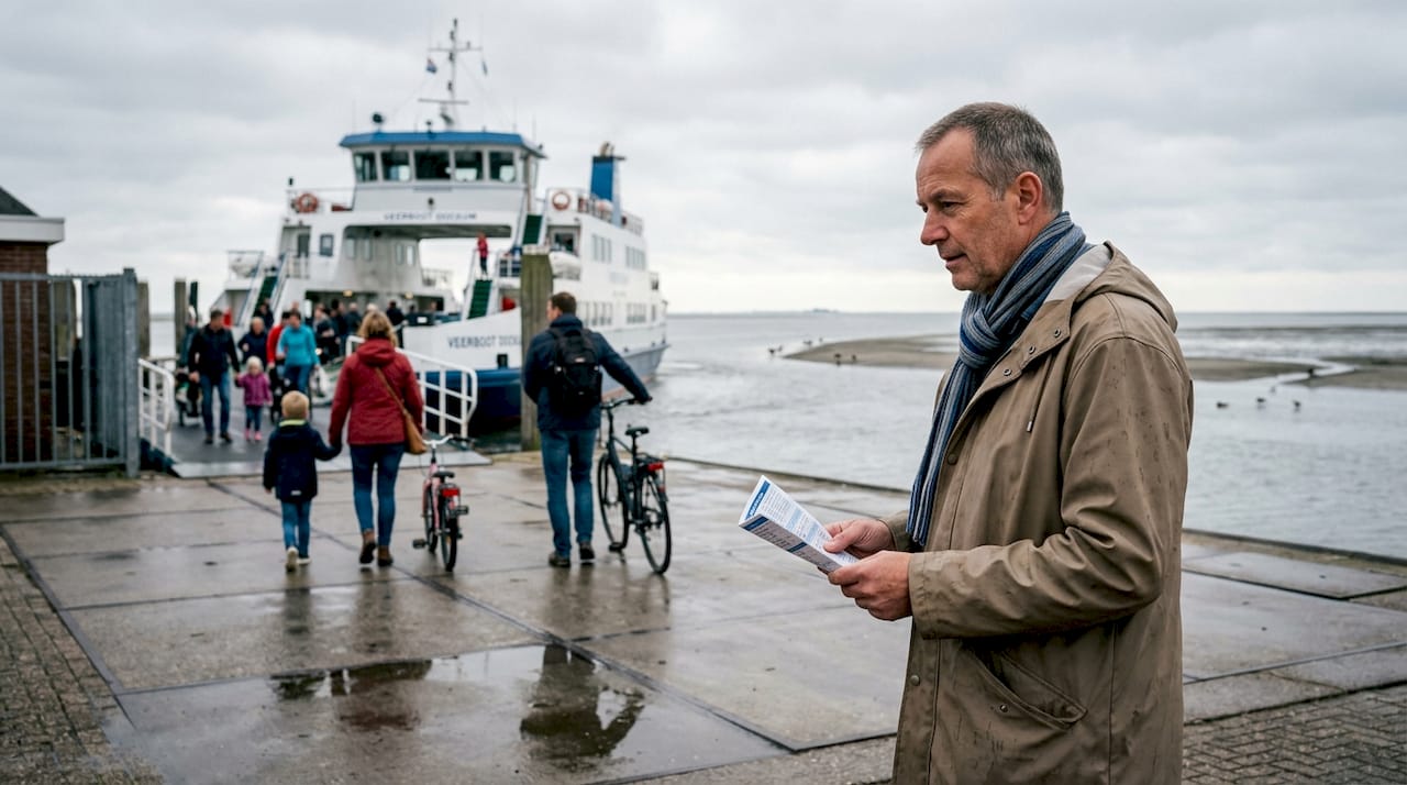 Een reiziger wacht bij de veerdienst in Holwerd.