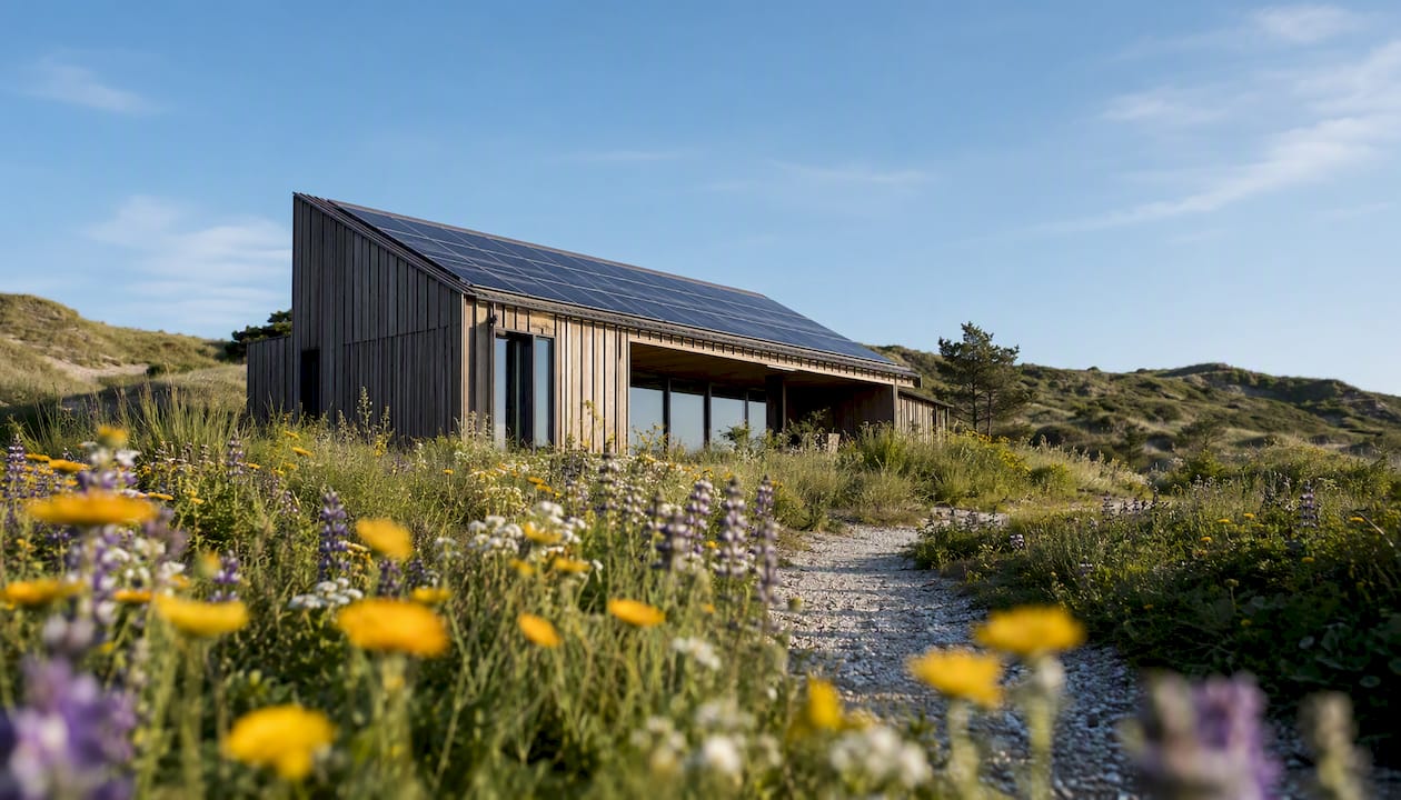Buitenzijde van het duurzame Breezeameland loft, prachtig gelegen tussen de duinen