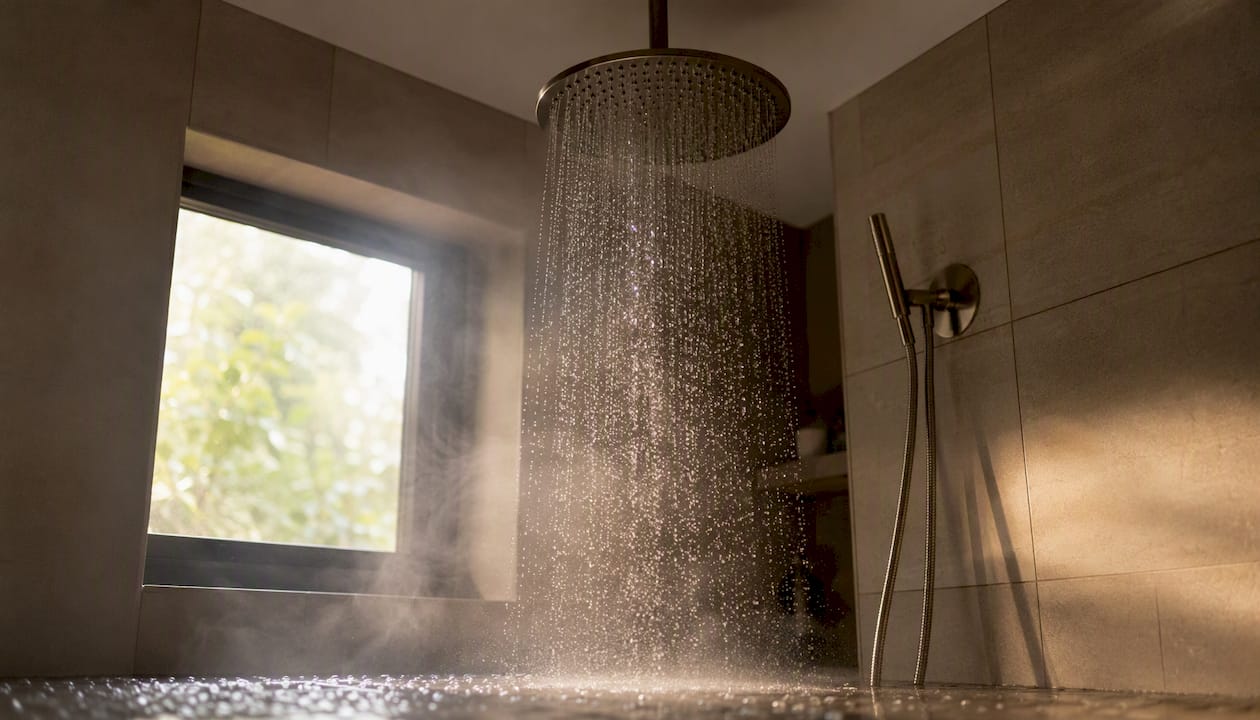 Een inloopdouche met een royale regendouche die zorgt voor een brede, ontspannende waterstraal in een eigentijdse badkamer.