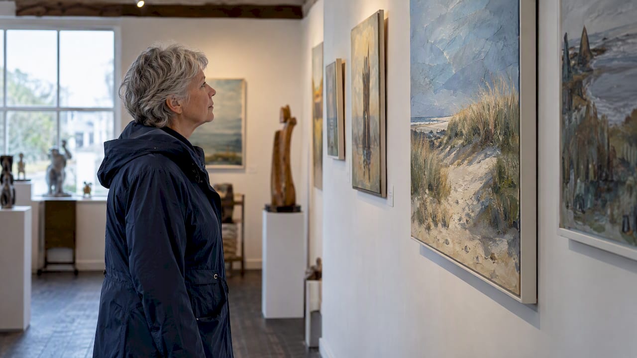 Bezoeker bekijkt schilderijen in een galerie op Ameland