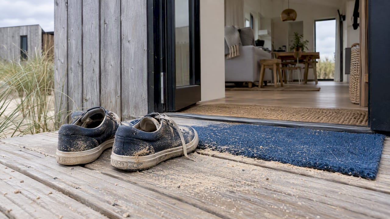 Schoenen met zand bij de ingang van een loft